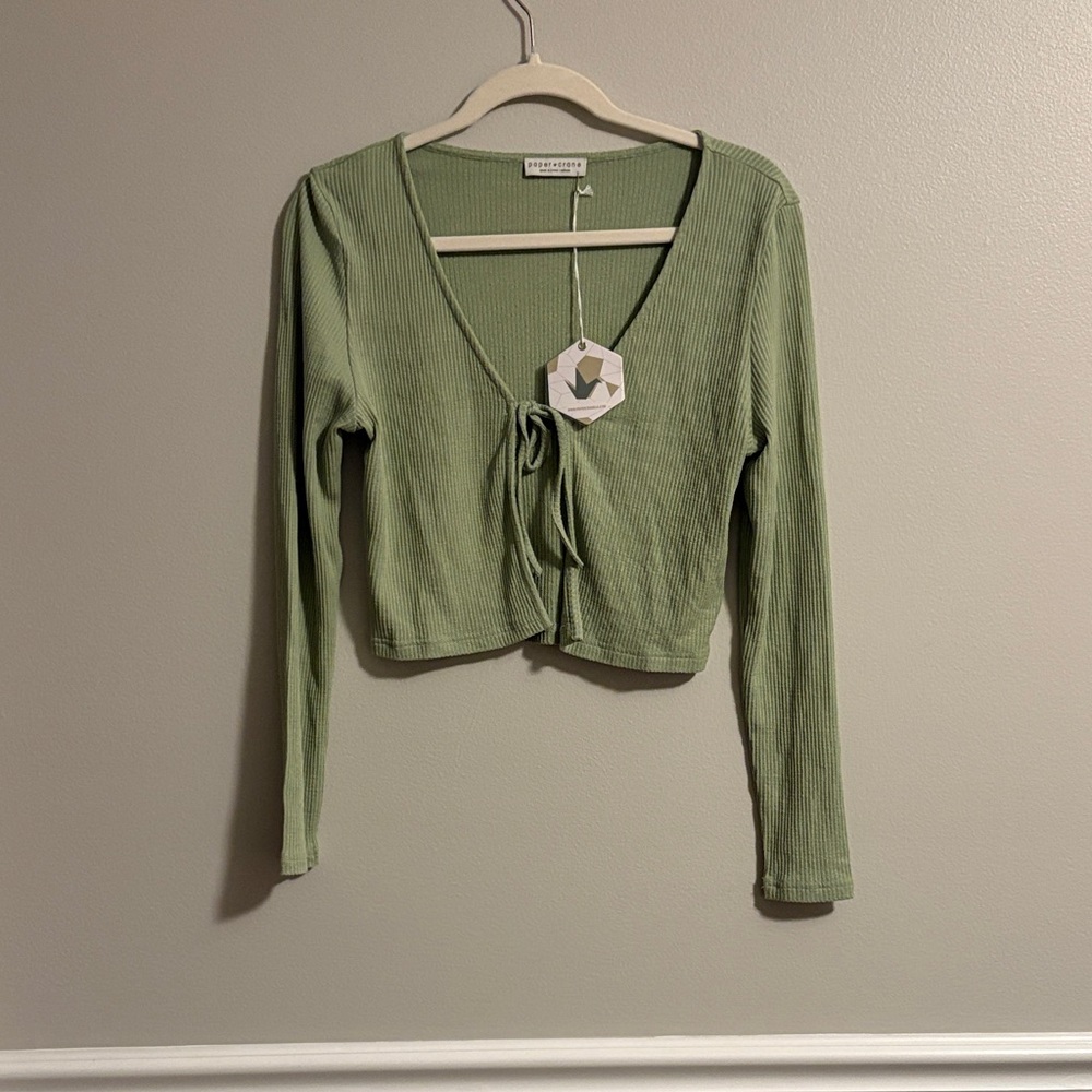 Paper Crane Sage Ribbed Tie-Front Crop Top